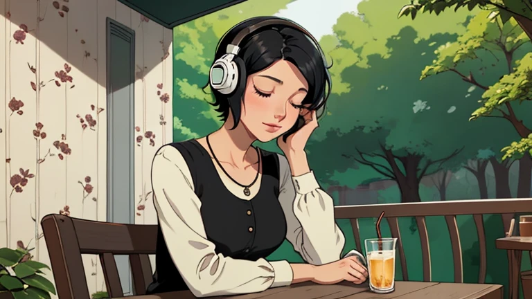 Beautiful woman in her 30s with short black hair is sitting with headphones on the cafe terrace. Looking down, eyes closed, LOFI girl, alone in the room, blouse, cozy wallpaper, relaxing mood, cozy, only five fingers, Beautiful trees,