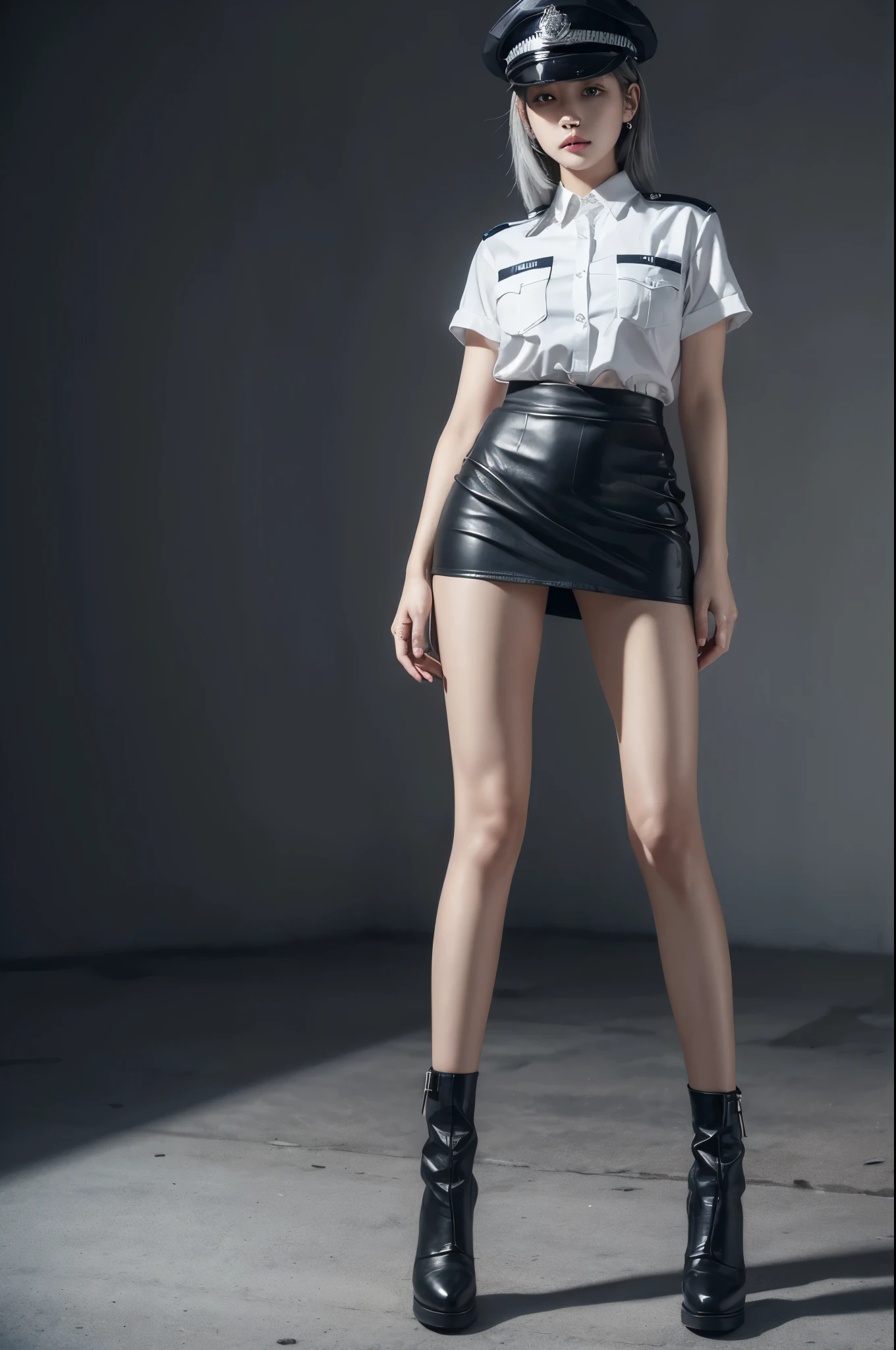 future0001,torn legwear,police,underwear,leather skirt,microskirt,white shirt,police hat,policewoman,grey hair,1girl,solo, ((full body)), artwork,Ultra-high resolution,8k resolution,Accurate facial features with depth of field,It's a perfect face,girl,The only one,Smile,Bare shoulders,Very big breasts,long gray hair,Pink hair,Cross Bangs,Headband,bracelet,collar,Hoop Earrings,Over the knee boots,Ruffled pantyhose,Squat,For the audience,dusk,temple,TRAIN STATION,Fleet Collection,Movie Lighting