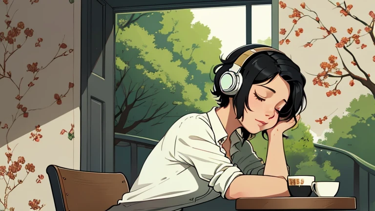 Beautiful woman in her 30s with short black hair is sitting with headphones on the cafe terrace. Looking down, eyes closed, LOFI girl, alone in the room, blouse, cozy wallpaper, relaxing mood, cozy, only five fingers, Beautiful trees,