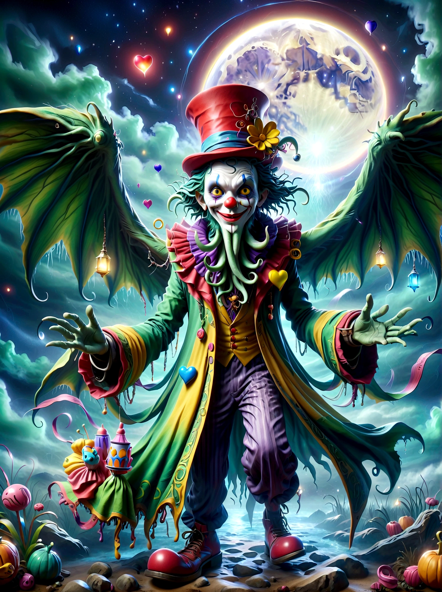 (A Cthulhu monster:1.5)，Dress up as a clown，With a mischievous smile on his face，Eyes wide open，sparkling，His figure is slender，Dressed in chaotic and brightly colored clothes，Includes an ornate hat with a heart symbol，Baggy pants and oversized shoes，This character shows vivid excitement，Arms open，As if preparing to perform magic，Hovering in an otherworldly landscape