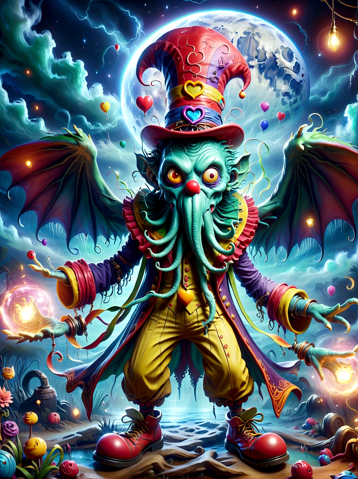 (A Cthulhu monster:1.5)，Dress up as a clown，With a mischievous smile on his face，Eyes wide open，sparkling，His figure is slender，Dressed in chaotic and brightly colored clothes，Includes an ornate hat with a heart symbol，Baggy pants and oversized shoes，This character shows vivid excitement，Arms open，As if preparing to perform magic，Hovering in an otherworldly landscape