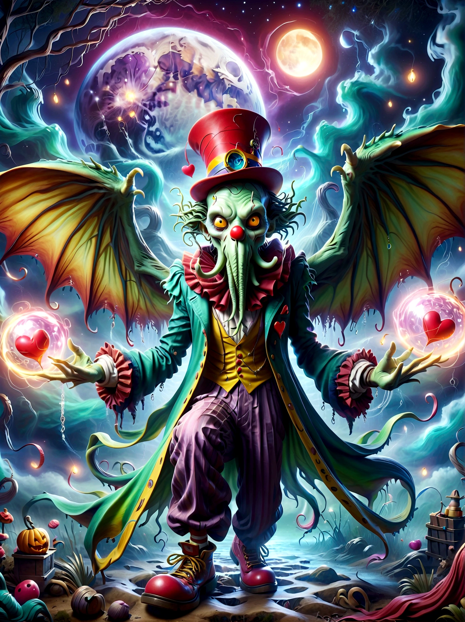 (A Cthulhu monster:1.5)，Dress up as a clown，With a mischievous smile on his face，Eyes wide open，sparkling，His figure is slender，Dressed in chaotic and brightly colored clothes，Includes an ornate hat with a heart symbol，Baggy pants and oversized shoes，This character shows vivid excitement，Arms open，As if preparing to perform magic，Hovering in an otherworldly landscape