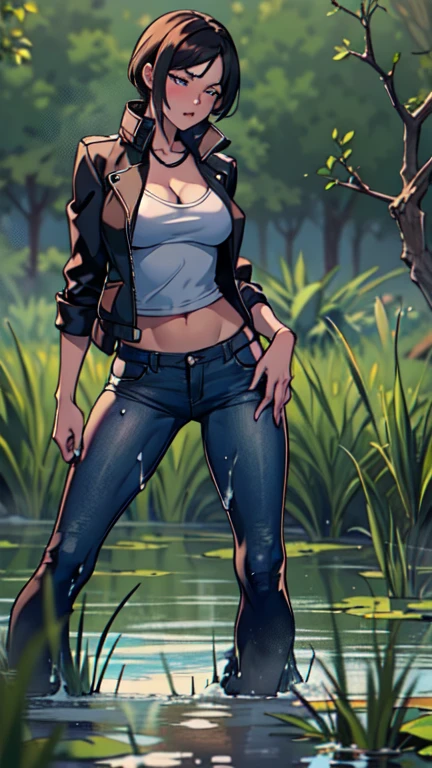 masterpiece, beautiful woman, blushed,flared jeans, leather jacket, provocative pose, orgasm,sinking in swamp, crop-top, looks around, dusk