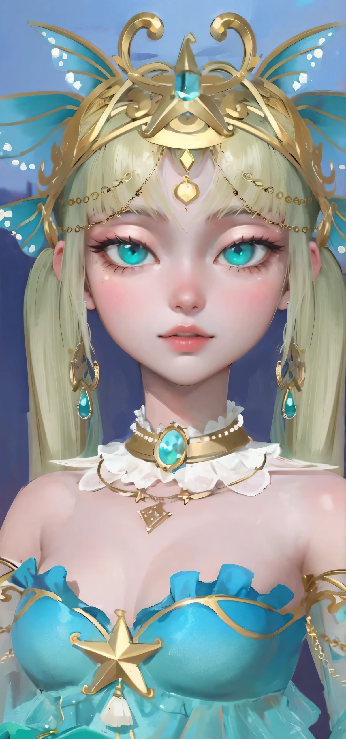 (masterpiece, top quality, best quality, official art, enchanting and aesthetic:1.2), 1female, light blond hair, thick pigtails, turquoise colored eyes, dress, jewelry, high quality details, 4k eyes, no teeth showing