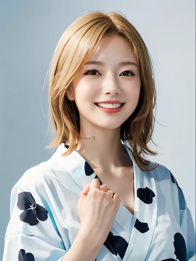 (highest quality、8k、32k、masterpiece)、(RAW Photos)、(Realistic)、(High resolution)、Very detailedな、Very beautiful face and eyes、One Girl、Round and small face、Delicate body、(close、highest quality、Rich skin detail、highest quality、8k)、Very detailed、(Realistic、Realistic:1.37)、Vibrant colors、(((Laughter)))、(((Golden Hair)))、(((I touch my chest with my right hand)))、(((Smiling)))、(((Bust Shot)))、(((White Background)))、((Medium Hair))、(((Pure white wall background)))、(((Blonde)))、(((She is wearing a yukata with a pop design.)))、(((Black and light blue yukata)))、(((Pure white wall background)))、