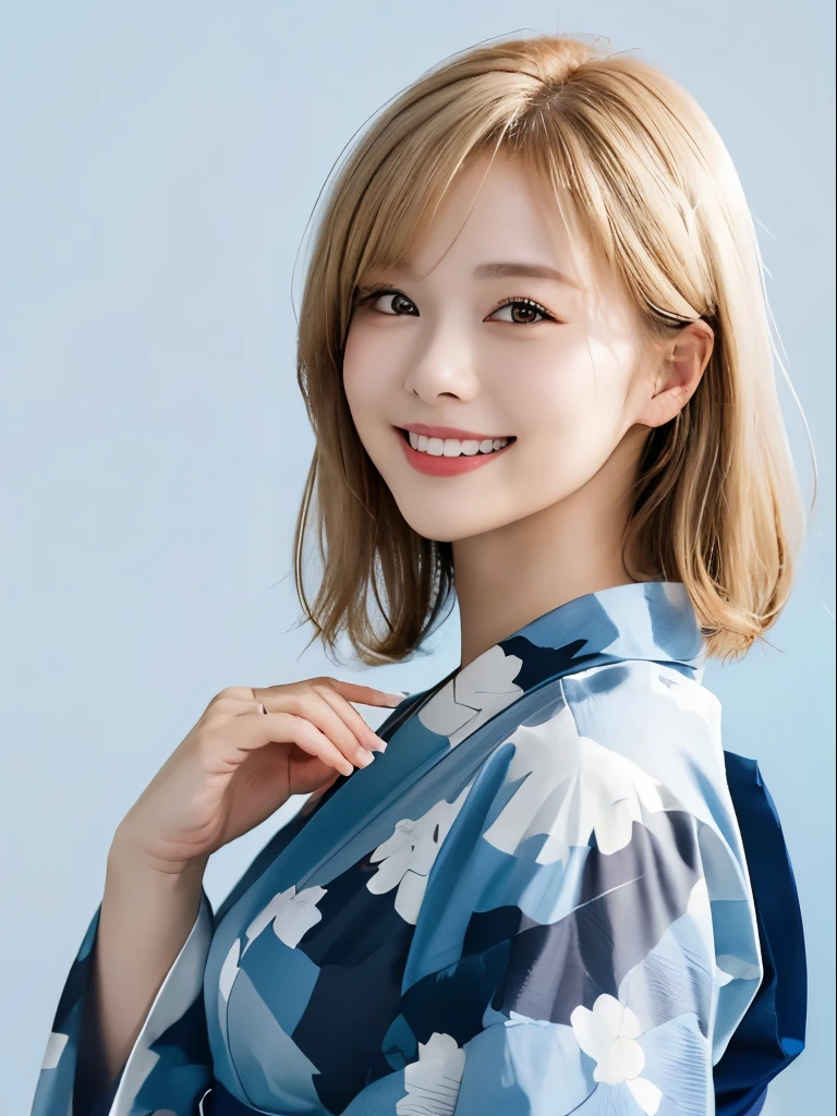 (highest quality、8k、32k、masterpiece)、(RAW Photos)、(Realistic)、(High resolution)、Very detailedな、Very beautiful face and eyes、One Girl、Round and small face、Delicate body、(close、highest quality、Rich skin detail、highest quality、8k)、Very detailed、(Realistic、Realistic:1.37)、Vibrant colors、(((Laughter)))、(((Golden Hair)))、(((I touch my chest with my right hand)))、(((Smiling)))、(((Bust Shot)))、(((White Background)))、((Medium Hair))、(((Pure white wall background)))、(((Blonde)))、(((She is wearing a yukata with a pop design.)))、(((Black and light blue yukata)))、(((Pure white wall background)))、