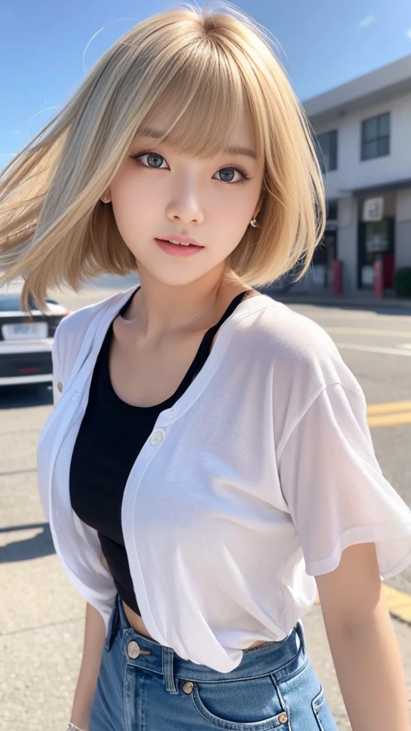 Sexy Big 、Sexy and cute look and cute 18-year-old beautiful girl, beautiful and sexy face、A strong wind blows my hair in front of my face、With short blonde hair、beautiful, Cute and sexy eyes hidden behind long bangs。