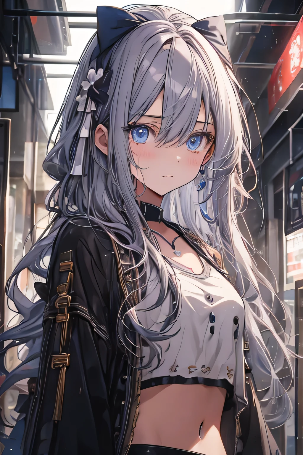 highest quality、masterpiece、Anime Coloring、1 girl、solo、Long Hair、chest、Staring at the audience、blush、Open your mouth、bangs、blue eyes、Gray Hair、ribbon、belly button、Hair between the eyes、clavicle、Hair ribbon、、Breast milk、Lying、indoor、Lying on your back、Underarm、stomach、Raise your arms、Wet、Stylish cafe