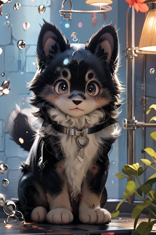 1 black kitten、Black hair only、In a cage at a pet store、Drops of water falling from the eyes、Sad expression