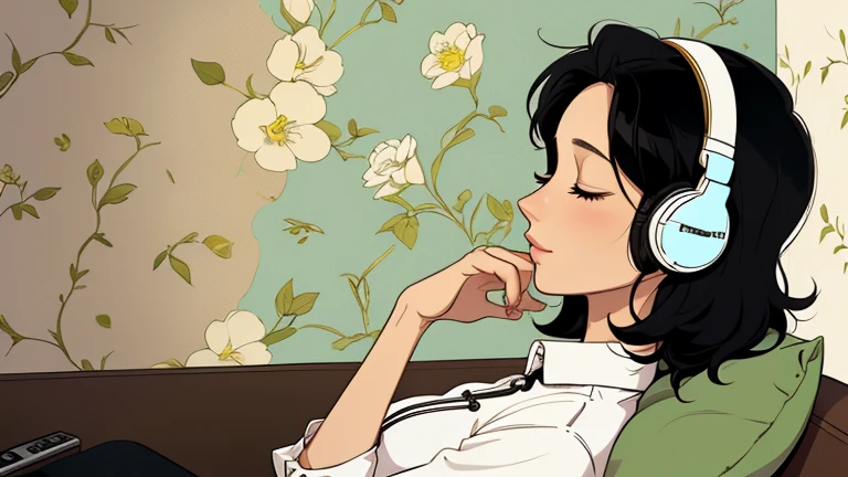 Beautiful woman in her 30s with short black hair is sitting with headphones on the cafe terrace. Looking down, eyes closed, LOFI girl, alone in the room, blouse, cozy wallpaper, relaxing mood, cozy, only five fingers, 