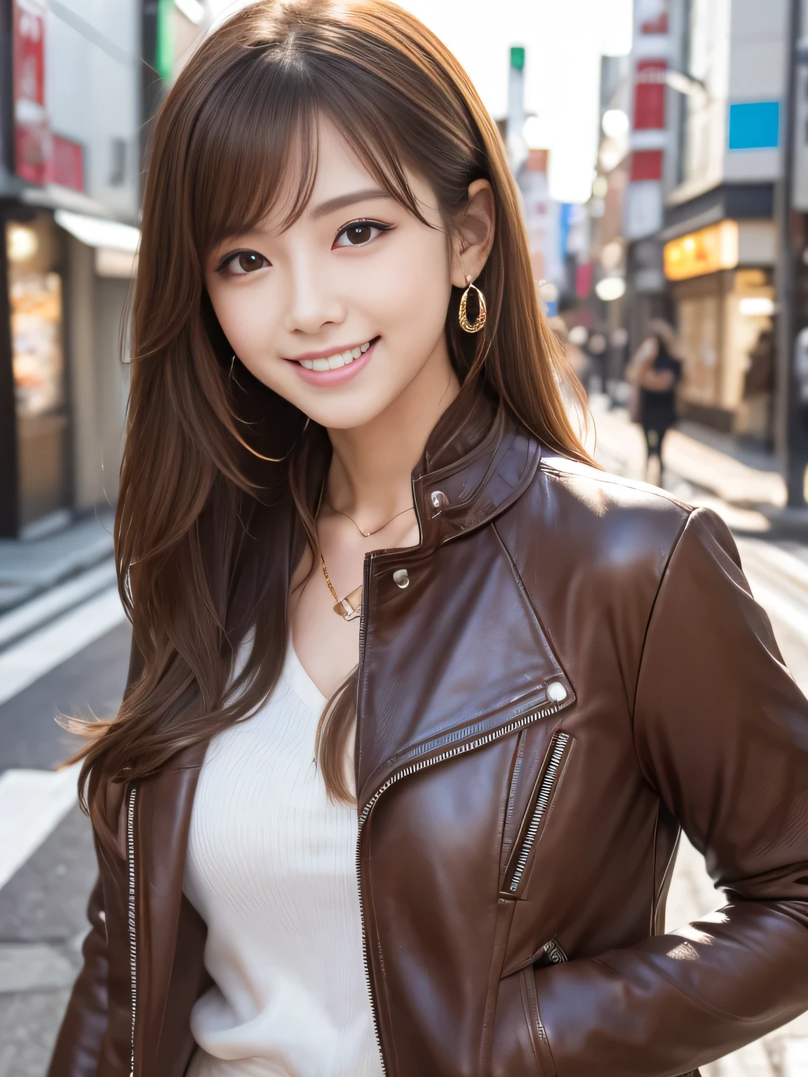 Ultra-high resolution, Superior Quality, highest quality, Very detailed, Realistic, 8k, RAW Photos, highest quality, masterpiece, Attractive girl, Awesome girl, Light brown hair、 Japanese Idols, Sophisticated, stylish, leather jacket、shirt、smile、Beautiful teeth alignment、ear piercing、Necklace around the neck、