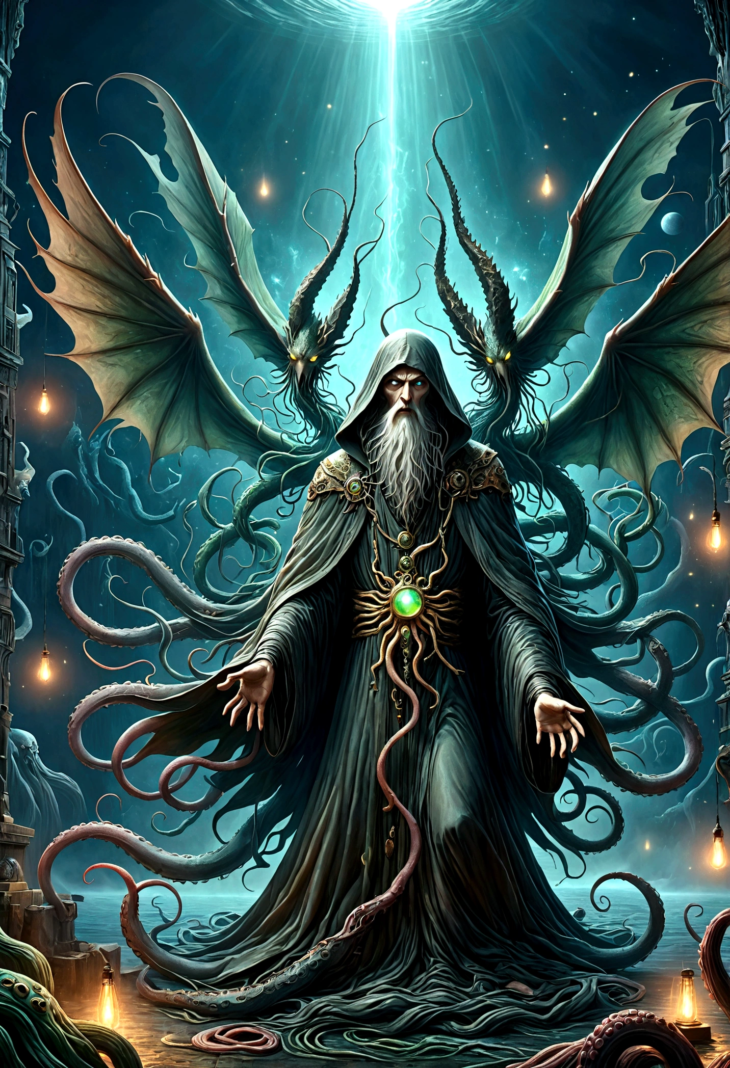 a terrifying ancient eldritch entity, cthulhu mythos, cosmic horror, long tentacles, wings, divine and demonic form, cloak, contrast, relativity, quantum mechanics, abyss, nightmarish existence, insane, bizarre, (best quality,4k,8k,highres,masterpiece:1.2),ultra-detailed,(realistic,photorealistic,photo-realistic:1.37),dark moody atmosphere, cinematic lighting, dramatic shadows, muted colors, chiaroscuro