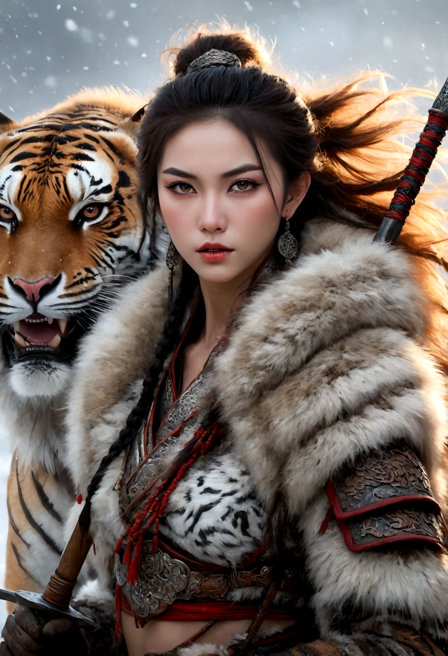 (best quality,4k,8K,high resolution,masterpiece:1.2),Very detailed,(actual,photoactual,photo-actual:1.37),Thick fur winter coat,Creative fusion of traditional Chinese design patterns and contemporary elements, High Ponytail,There is blood on the face,Red paint, Strong expression, Full of energy, Sharp eyes, 1 warrior, Handsome face, Tiger beast, Epic Fantasy Character Art, wearing intricate fur armor, Luis Royo (Luis Royo) style, Northern female warrior holding a spear, HDR, Ultra high quality, Studio Lighting, Ultra-fine, Be focused, Physically Based Rendering, Very detailed description, professional, Vibrant colors, Bokeh, portrait, landscape