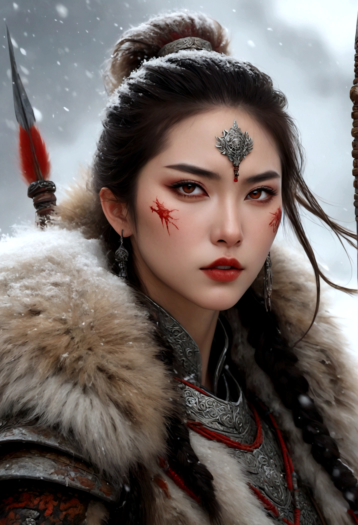 (best quality,4k,8K,high resolution,masterpiece:1.2),Very detailed,(actual,photoactual,photo-actual:1.37),Thick fur winter coat,Creative fusion of traditional Chinese design patterns and contemporary elements, High Ponytail，There is blood on the face，Red paint， Strong expression, Full of energy, Sharp eyes, 1 warrior, Handsome face, Tiger beast, Epic Fantasy Character Art, wearing intricate fur armor, Luis Royo (Luis Royo) style, Northern female warrior holding a spear, HDR, Ultra high quality, Studio Lighting, Ultra-fine, Be focused, Physically Based Rendering, Very detailed description, professional, Vibrant colors, Bokeh, portrait, landscape