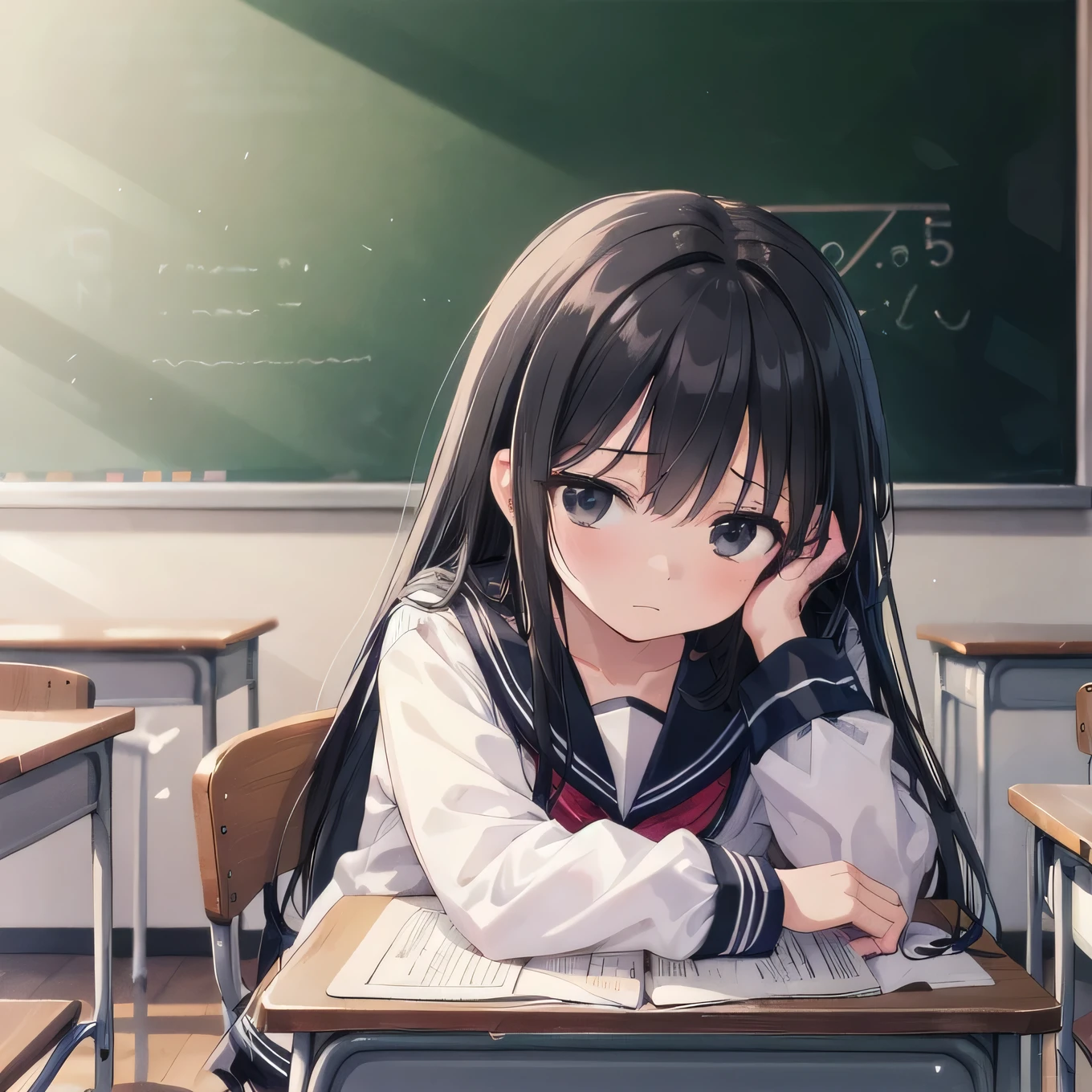 Masterpiece, best quality, high quality, very detailed CG uniform 8k wallpaper, very detailed, detailed background, 1 girl, long black hair, messy hair, black eyes, lonely, depression, sad, cold expression, high school, classroom, sitting at the desk