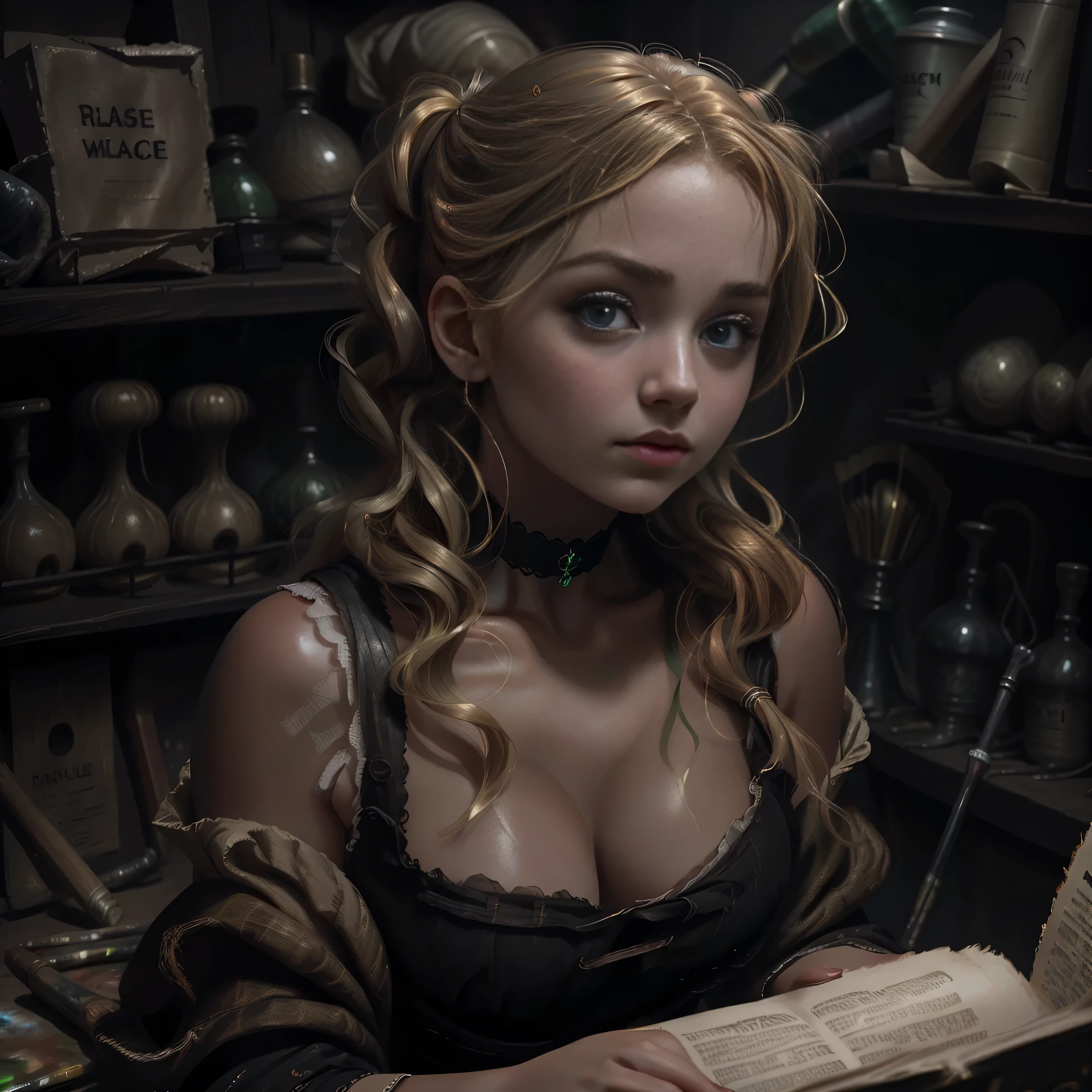 painting of a woman with blonde hair and a choker in a black dress, Art style by John Collier, Maiden with short coppery red hair in pigtails,  Portrait of a young witch, No Bowater Art Style, portrait of princess merida, Dave Sim, shadowy palace, black lacy bra. Bare shoulders, bare stomach, lace panties, bare legs, Lace choker, artwork -raw, highest quality, (alone), (perfect face: 1.3), (high detail: 1.2), Dramatic, 1girl, angel, (pale skinned), (huge breasts), eyebrows light, night, ample cleavage, sweat on , glistening, prominent nipple outline, lots of jewellery, head adornments, green eyes, pouty lips. Detailed palace background, cinematic lighting from the side, detailed and beautiful hair, pale skinned, large lips, juicy lips beautiful lips, detailed and beautiful green eyes, round face,  girl, chubby teen, perfect hands, perfect eyes, perfect face,