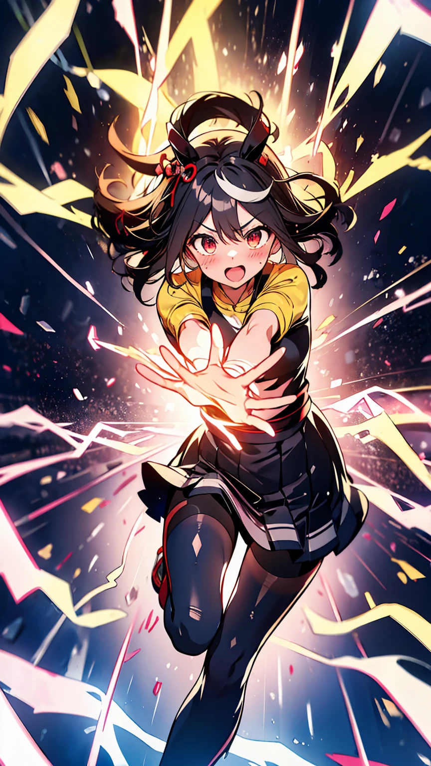 Best image quality、High resolution、masterpiece、super high quality、Arena、Run、颯爽とRun、Sweaty、Very short pleated skirt、Heavy breathing、Blushing、4K quality、Black Pantyhose、shout、Explosive、Burst speed、Sonic、light speed、Open your mouth wide、もの凄い勢いでRun、A big storm is brewing