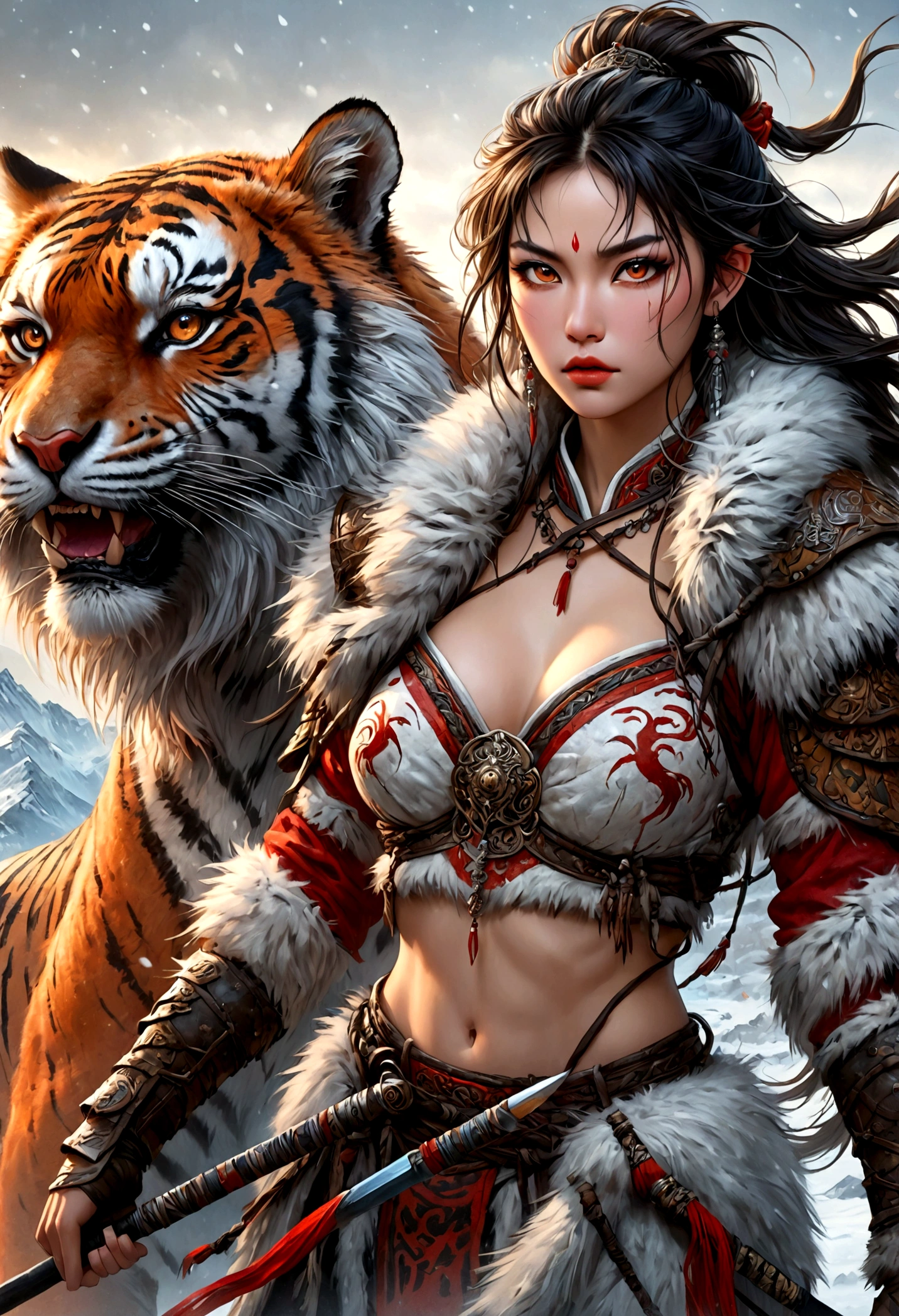 (best quality,4k,8K,high resolution,masterpiece:1.2),Very detailed,(actual,photoactual,photo-actual:1.37),Thick fur winter coat,Creative fusion of traditional Chinese design patterns and contemporary elements, High Ponytail，There is blood on the face，Red paint， Strong expression, Full of energy, Sharp eyes, 1 warrior, Handsome face, Tiger beast, Epic Fantasy Character Art, wearing intricate fur armor, Luis Royo (Luis Royo) style, Northern female warrior holding a spear, HDR, Ultra high quality, Studio Lighting, Ultra-fine, Be focused, Physically Based Rendering, Very detailed的描述, professional, Vibrant colors, Bokeh, portrait, landscape