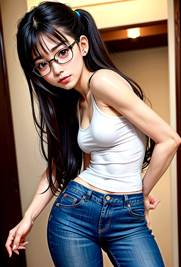 adulta nova, cropped shirt, saia, SFW, coxas perfeitas, Asian girl, peitos perfeitos, Pale girl, glasses, fleshy lips, cachos, solo girl, brunette