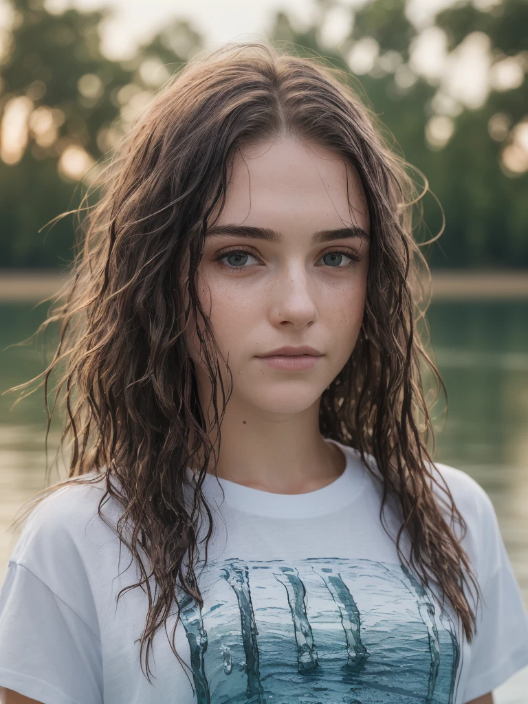 closeup headshot of S138_EllaHughes, a beautiful woman, in a (water-area:1.2), wearing a (t-shirt:1.2), (wet-hair:1.1), (dusk:1.1), (8k, RAW photo, best quality, depth of field, ultra high res:1.2), (absurdres, intricate, photorealistic, masterpiece, ultra-detailed:1.3)