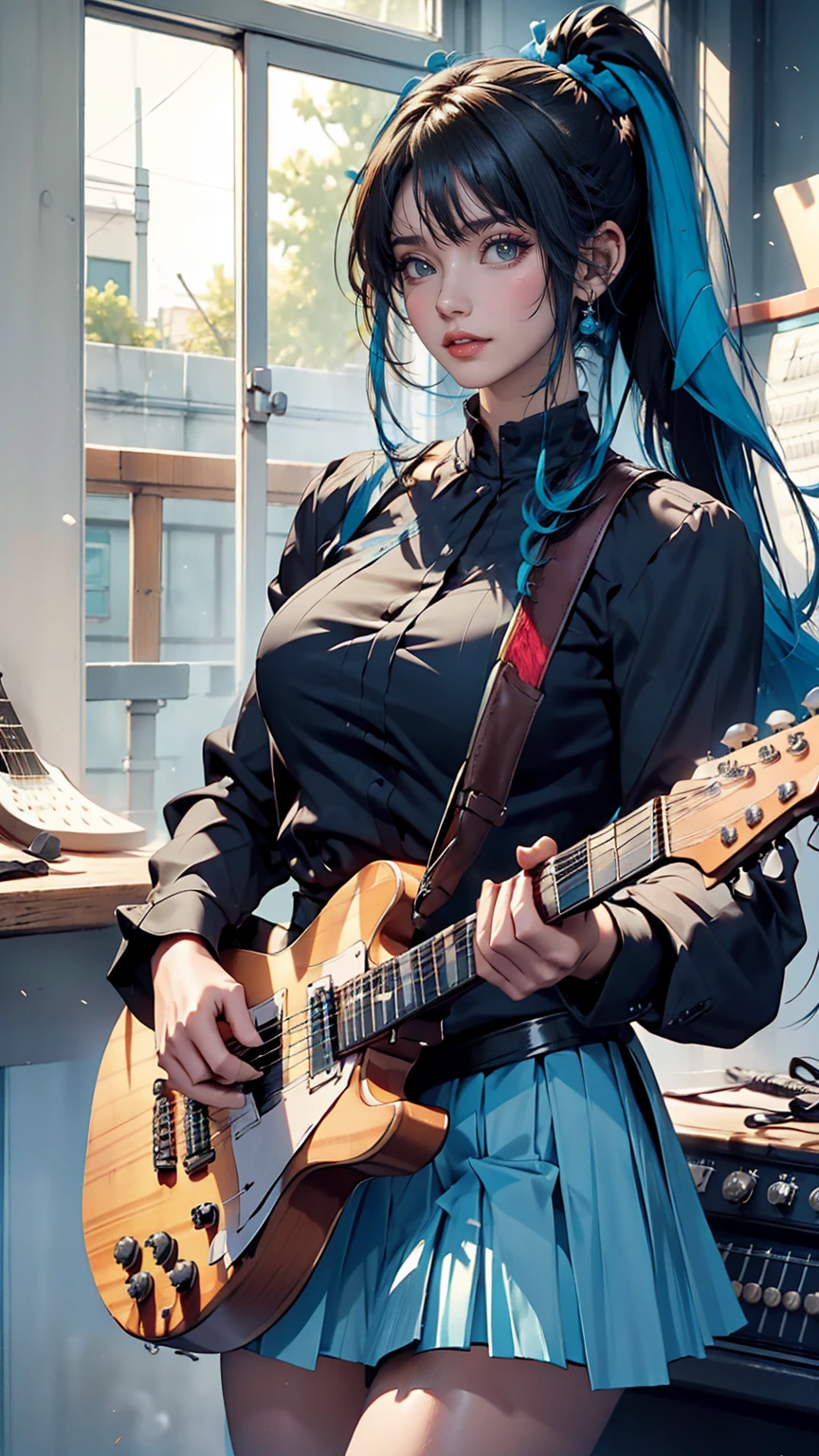((masterpiece, highest quality))One Girl, alone, Black Dress, blue eyes, electric guitar, guitar, Headphones, Double Ponytail, Holding, Holding plectrum, musical instrument, Long Hair, music, One side up, Turquoise Hair, Twin tails, guitarを弾く, Pleated skirt, Black Shirt, interior