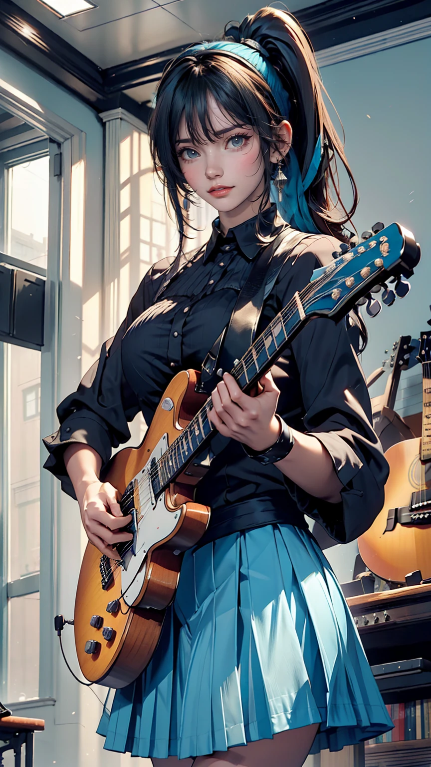 ((masterpiece, highest quality))One Girl, alone, Black Dress, blue eyes, electric guitar, guitar, Headphones, Double Ponytail, Holding, Holding plectrum, musical instrument, Long Hair, music, One side up, Turquoise Hair, Twin tails, guitarを弾く, Pleated skirt, Black Shirt, interior