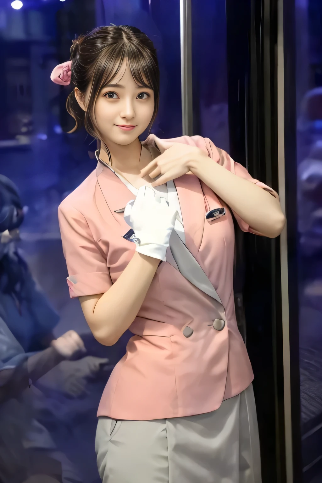 (masterpiece:1.2, highest quality:1.2), 32K HDR, High resolution, (alone、1 girl)、(On the rooftop of a building in the daytime、Professional Lighting)、Building rooftop background、(Nankai train crew uniform pinkを着たリアルスタイル)、(Nankai train crew uniform pink short sleeve collarless pink jacket、Nankai Train Crew Uniform Pink Collarless Short Sleeve Blouse、Nankai Train Crew Uniform Pink Grey Knee-length Culottes)、((The bottom of the pink short-sleeved jacket cannot be tucked into the clay-colored culottes.))、Dark brown hair、(Hair tied up、Hair Bun、Hair Bun)、Dark brown hair、Long Shot、Big Breasts、Thin legs、((Great hands:2.0)),((Harmonious body proportions:1.5)),((Normal limbs:2.0)),((Normal finger:2.0)),((Delicate eyes:2.0)),((Normal eyes:2.0)))、(Nankai Train Crew Uniform Pink Grey Knee-length Culottesを見せた美しい立ち姿)、smile