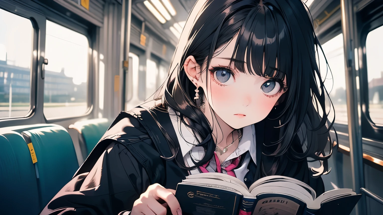 ((Beautiful girl:1.5),High resolution, highest quality),Wearing a sailor uniform,Super detailed, Big bright eyes, dark and brilliant curly hair, Sad look, Rosy Cheeks, Soft Light, Pure white background. riding a train,Reading a book,whole body,Attractive legs