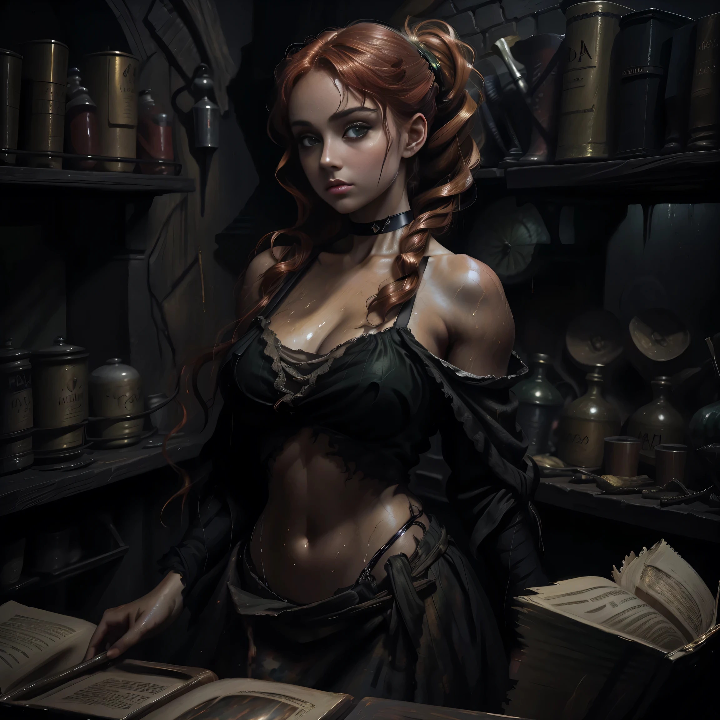 painting of a woman with blonde hair and a choker in a black dress, Art style by John Collier, Maiden with short coppery red hair in pigtails, style by Karol Bak, a young red haired woman, pigtails, bangs, Portrait of a young witch, No Bowater Art Style, portrait of princess merida, Dave Sim, shadowy palace, black lacy bra. Bare shoulders, bare stomach, small tight shorts, bare legs, Lace choker, artwork -raw, highest quality, (alone), (perfect face: 1.3), (high detail: 1.2), Dramatic, 1girl, angel, (pale skinned), (huge breasts), eyebrows light, night, ample glistening wet cleavage , prominent nipples, lots of jewellery, head adornments, green eyes, pouty lips. Detailed palace background, cinematic lighting from the side, detailed and beautiful hair, pale skinned, large lips, juicy lips beautiful lips, detailed and beautiful green eyes, round face, young 13 year old girl, perfect hands, perfect eyes, perfect face,