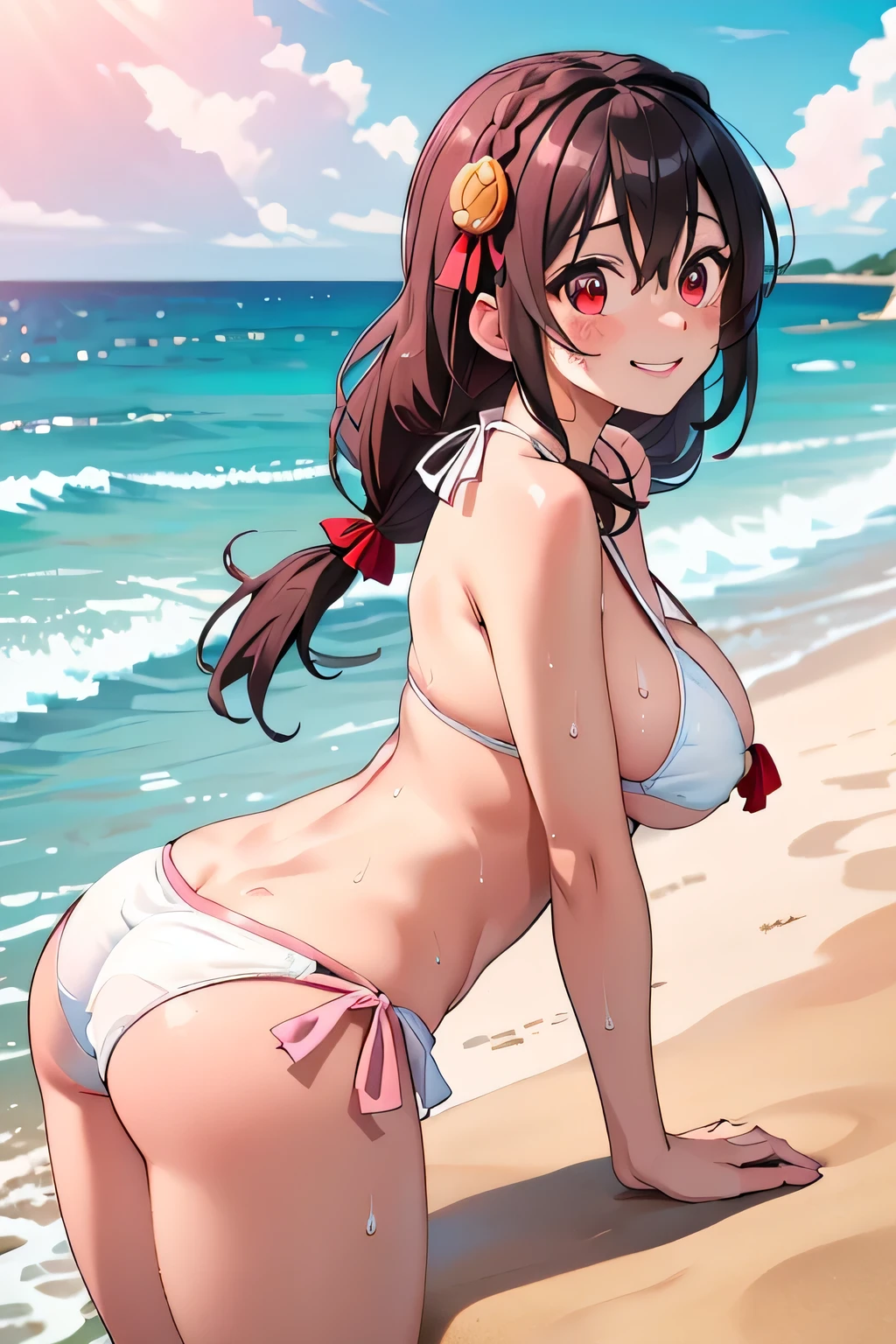 masterpiece,highest quality,High resolution,Very detailed,yes,Long Hair,Braiding,Twin tails,Hair between the eyes,Hair Ribbon,hair ornaments,(Big Breasts:1.5),(White and pink bikini:1.5),Seaside sand beach,(The best smile),Sweat,(Wet),Red Eyes、(Face completely red)、Beautiful eyes、Side view、Standing with her butt sticking out