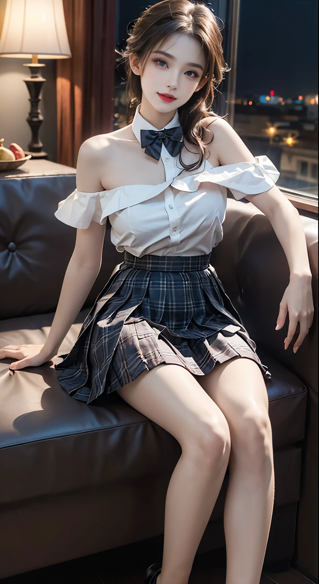 jk suit,plaid skirt,pleated skirt,shirt,bowtie, ((Bare shoulders)), ((Full breasts)), ((The skirt is very short)), ((Sexy legs)), ((whole body)), actual, Fashion Girl, red lips, Mature women, Exquisite makeup, big eyes, beautiful, (best quality, masterpiece:1.2), Super detailed, (actual:1.37), ((Random Scenes, Random shooting angle)), ((Sexy long legs)), Young and energetic, Charming model, (Exquisite eyes, delicate lips), Show a bright smile, Create stunning girl images, warm color, Extremely saturated colors, Official Art, Extremely detailed CG, Unity 8k Wallpaper, (High Dynamic Range :1.4), (Movie atmosphere),(Soft colors), (Natural skin texture, ultra-actual, Soft Light, sharp),(Very detailed), night, moonlight