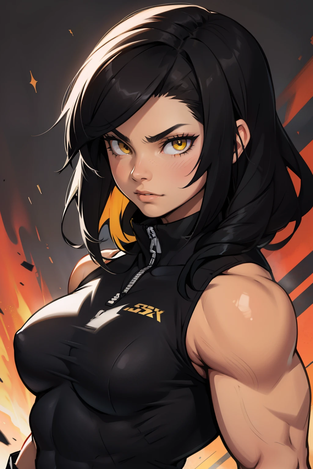 swole girl black hair yellow eyes super detail