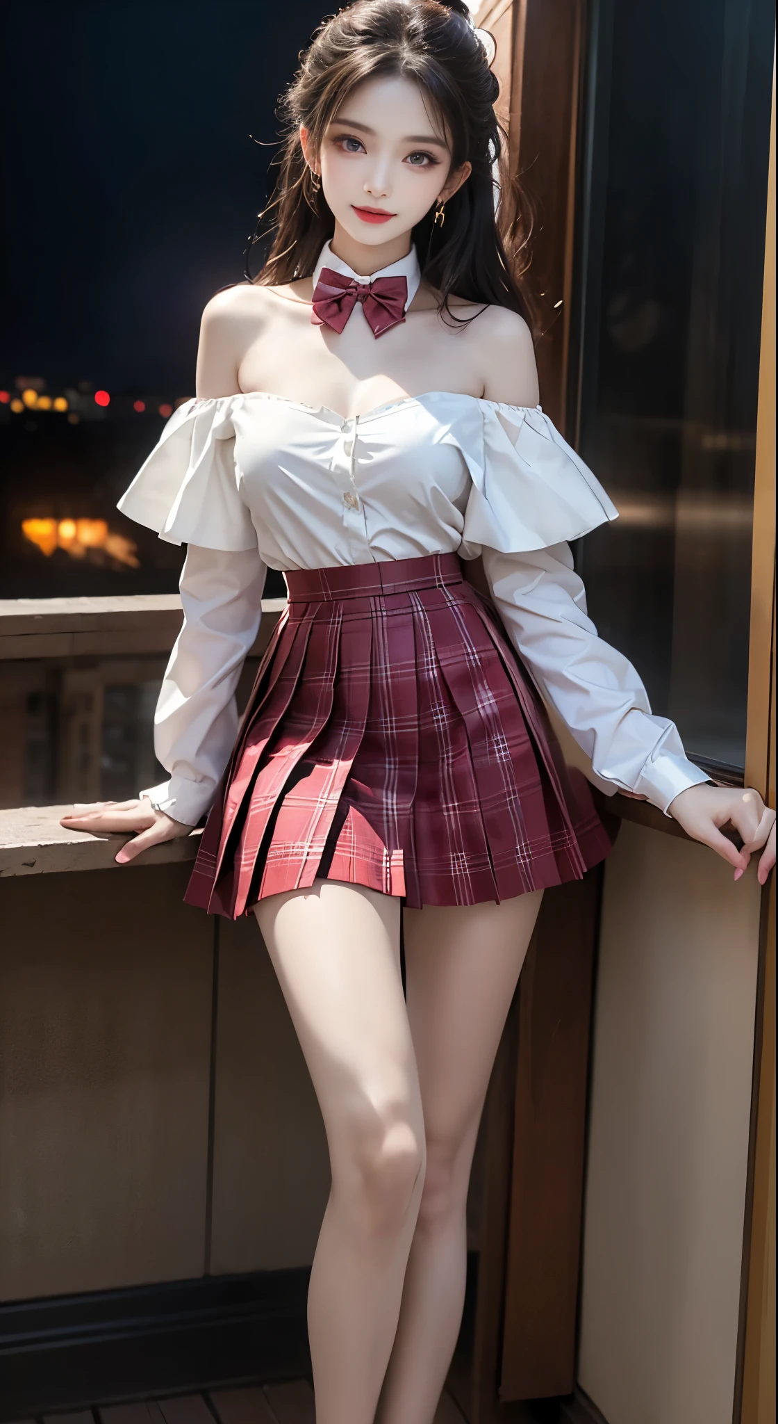 jk suit,plaid skirt,pleated skirt,shirt,bowtie, ((Bare shoulders)), ((Full breasts)), ((The skirt is very short)), ((Sexy legs)), ((whole body)), actual, Fashion Girl, red lips, Mature women, Exquisite makeup, big eyes, beautiful, (best quality, masterpiece:1.2), Super detailed, (actual:1.37), ((Random Scenes, Random shooting angle)), ((Sexy long legs)), Young and energetic, Charming model, (Exquisite eyes, delicate lips), Show a bright smile, Create stunning girl images, warm color, Extremely saturated colors, Official Art, Extremely detailed CG, Unity 8k Wallpaper, (High Dynamic Range :1.4), (Movie atmosphere),(Soft colors), (Natural skin texture, ultra-actual, Soft Light, sharp),(Very detailed), night, moonlight