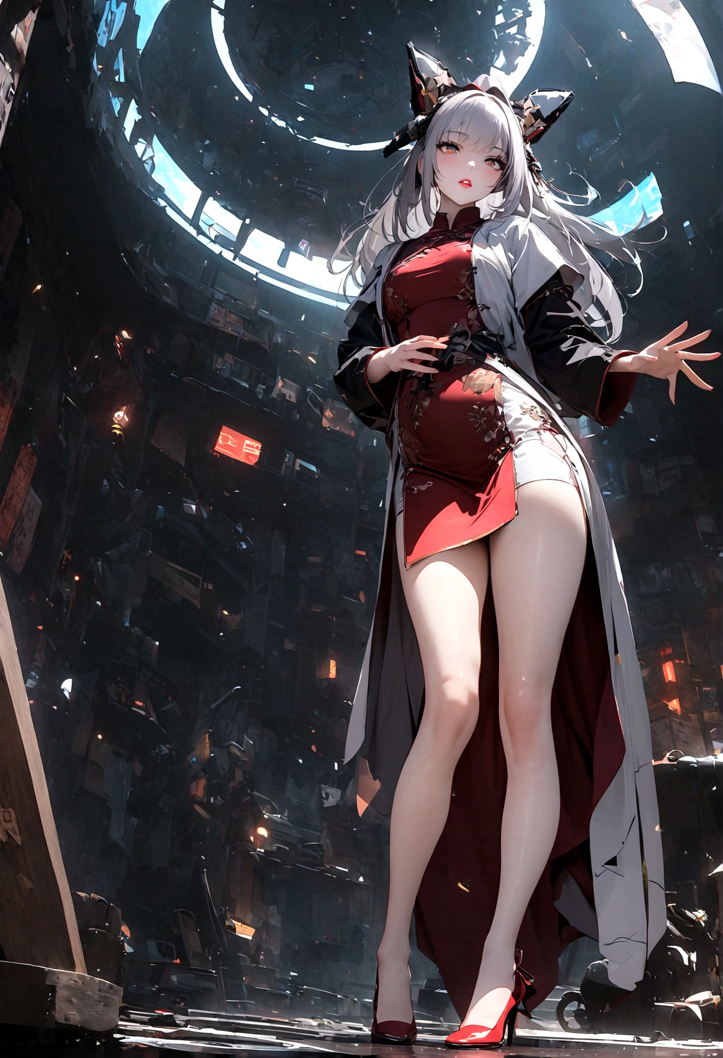 masterpiece,best quality,high resolution, 1 Girl,from below,(The legs are very thin and straight),,(Very long legs,Straight Legs),,Valentino high-heeled shoes,long legs,stand up, Leg length seen from below,White, Perfect body,Have perfect legs,(Thin appearance,Aesthetically pleasing),Full Body Love,cyberpunk characters,dynamic poses,1 Girl,Exquisite eyes,Brown eyes,Eyeshadow,make up,Long gray hair, Detailed face, delicate eyes, Looking at the audience, blush\(make up\), Plump lips, Red lips,(Long gray hair:1.3), (stand up)Mechanical static,Machine Summoning,(Hair accessories:1.1),Headgear,Chinese clothing,On cheongsam,Online Hanfu,White Coat,City,Luminous winding,glowing butterfly,cyberpunk lamp:1.1),Neon,Fully mechanical and futuristic elements,science and technology,背景是一條中國傳統的street,China Town, street, sky sky, cyberpunk characters, Paper lanterns, Neon Super Resolution,(Reality:1.3),1(Slim:1.2),Dramatic Lighting,Vibrant details,Luxury Cyberpunk,Complex background,Octane Rendering,Drawing from a bird's-eye view 8K,極為細緻的CG單元wallpaper, masterpiece,High resolution,top-quality,top-quality real texture skin,Surrealism,提high resolution,RAW photos,Best quality,Very detailed,wallpaper,movie lighting,Ray Tracing,Golden Ratio\),Dynamic angle,Painting explodes, art station, concept art, Smooth, Clear focus,