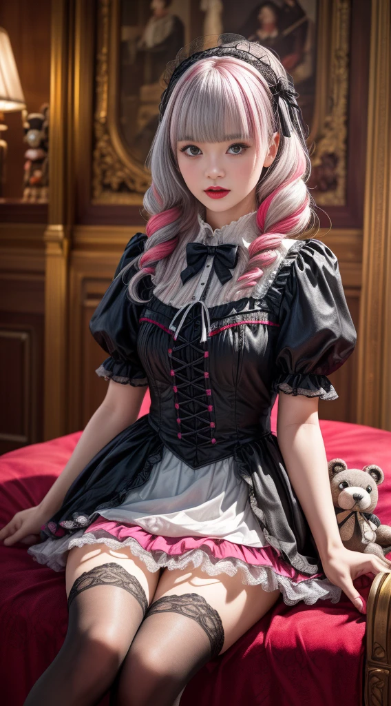 Mature Woman、Pink Hair、Light grey hair、((Two-tone hair))、Black Lolita dress with delicate pink embellishments、Slender women、Cute Woman、 8K Ultra HD,Detailed face、Delicate texture, Long Hair、(((Blunt bangs)))、(((Drill Hair)))、Tutu skirt、thigh length tights、short boots、((Sweet Lolita))、mini skirt、A room in a Western-style building、((Delicate photo))，(Girl Astepeace RAW Photo Details:1.25), (highest quality:1.6), (超A high resolution:1.5), (Realistic:1.75), 8K resolution, Canon EOS R5, 50mm, Absurd, Very detailed,Cinema Lighting、((stuffed toy:1.25))