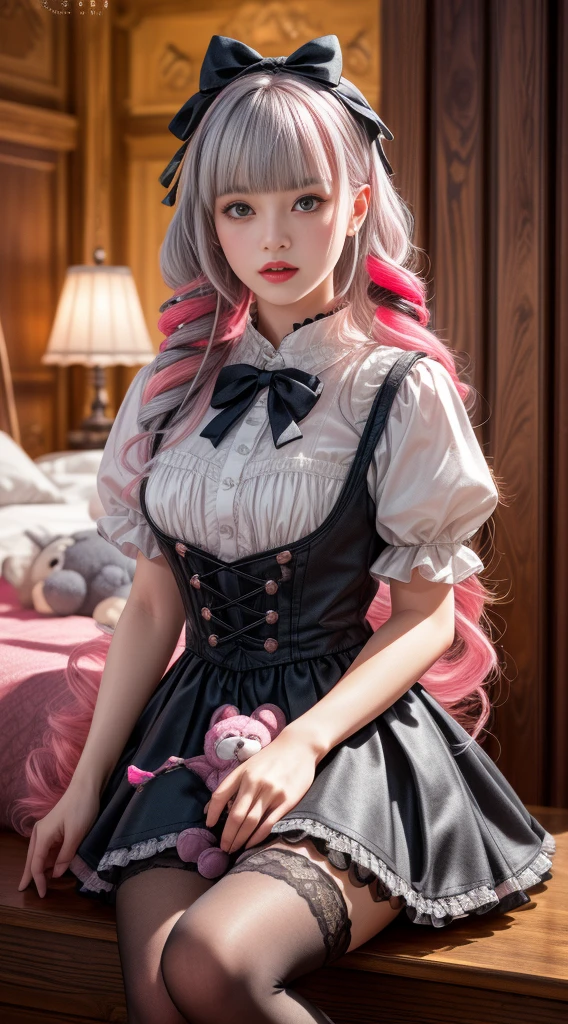 Mature Woman、Pink Hair、Light grey hair、((Two-tone hair))、Black Lolita dress with delicate pink embellishments、Slender women、Cute Woman、 8K Ultra HD,Detailed face、Delicate texture, Long Hair、(((Blunt bangs)))、(((Drill Hair)))、Tutu skirt、thigh length tights、short boots、((Sweet Lolita))、mini skirt、A room in a Western-style building、((Delicate photo)),(Girl Astepeace RAW Photo Details:1.25), (highest quality:1.6), (超A high resolution:1.5), (Realistic:1.75), 8K resolution, Canon EOS R5, 50mm, Absurd, Very detailed,Cinema Lighting、((stuffed toy:1.25))