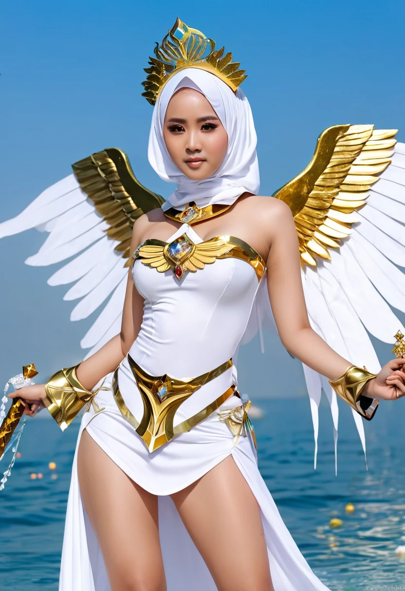 Indonesia cute teen girls, short dress in white and gold,with wings and a sword, wearing(dark) hijab,showing big breast,((take Sword)), (wearing gold wing crown), ((gemstone:1.2), ((Wing-shaped gold ornament on the head)), ornate cosplay, as a mystical valkyrie, the sailor galaxia, beautiful, anime cosplay, glamourous cosplay, with fiery golden wings, cosplay, professional cosplay, goddess of light, facing forward body angel, cosplayer, perfect makeup, perfect face, beautiful face, beautiful body,showing huge breasts, closed legs, ((sky background)), (flying body:1.0), (jewels:1.2), (Emitting light), (flying flowers:1.0), above clear water, of heaven, smog, sunny weather