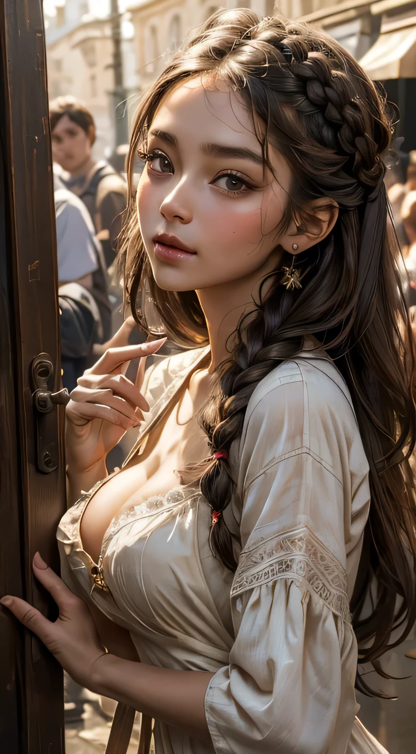 1 peasant girl, solo focus, smaller head, serene eyes, thin lips, dark braided hair, fashion hair, light brown eyes, large breasts, cleavage, fit body, pauper dress, costume, laundry poses, masterpiece, ultra HD, raw photos, detailed skin textures, detailed face, detailed hair, perfect hands, hut background