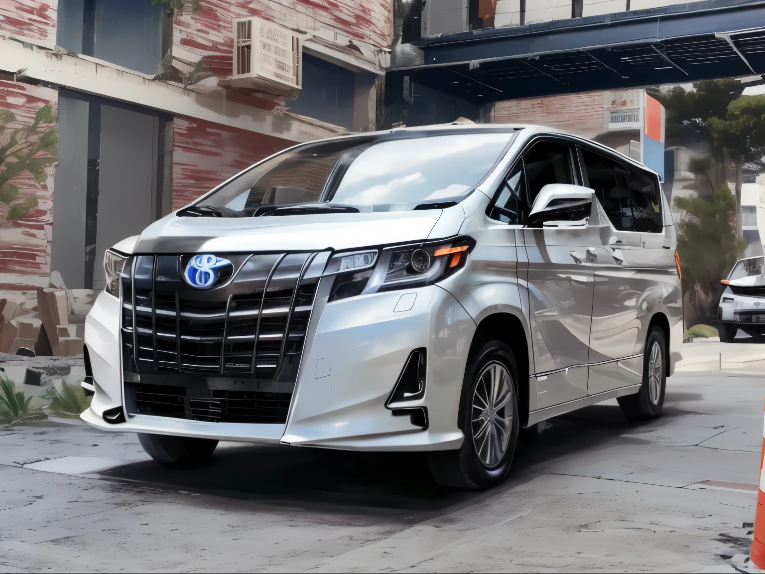 Kaneko,Sky, cloud, Keep_arms, , 车灯Luminescence, , , architecture, Luminescence_Eye, Toyota white Alphard, _novel, City, Practical,car，Sand on the ground，House collapse，car生锈，