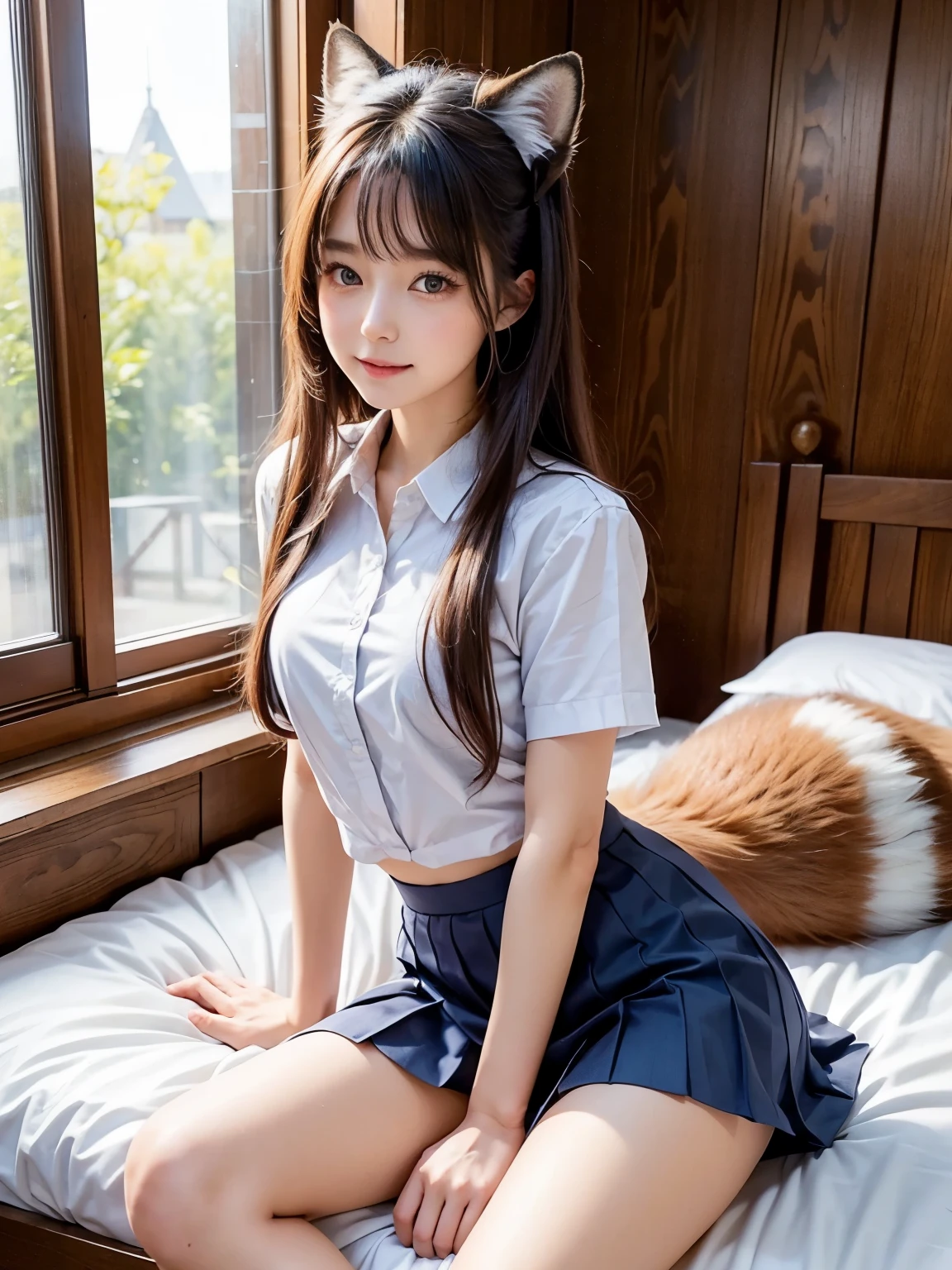 ((highest quality, 32k)), ((masterpiece)), (Familiar), Perfect Face, School Girl, pretty girl, On the bed, She has a bushy tail, She has a red fox tail., She stands up her fluffy tail, Beautiful hip line, Small , She is wearing a cute uniform, A large tail sticks out, Climbing on all fours, Slender body, She looks shyly at her tail, Her tail pushes up her skirt to reveal her white panties fox tail protrudes from the hem of her skirt., Embarrassed face