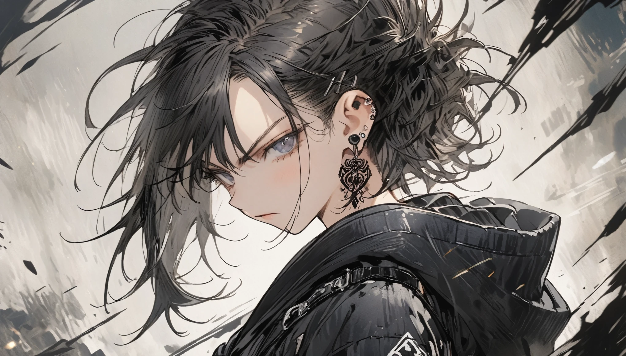 Gal,Earrings, tattoo Androgynous appearance messy hairstyle A bold stance Belt on torso Black hoodie Black Costume Gothic Girl Japanese anime hand drawn illustration