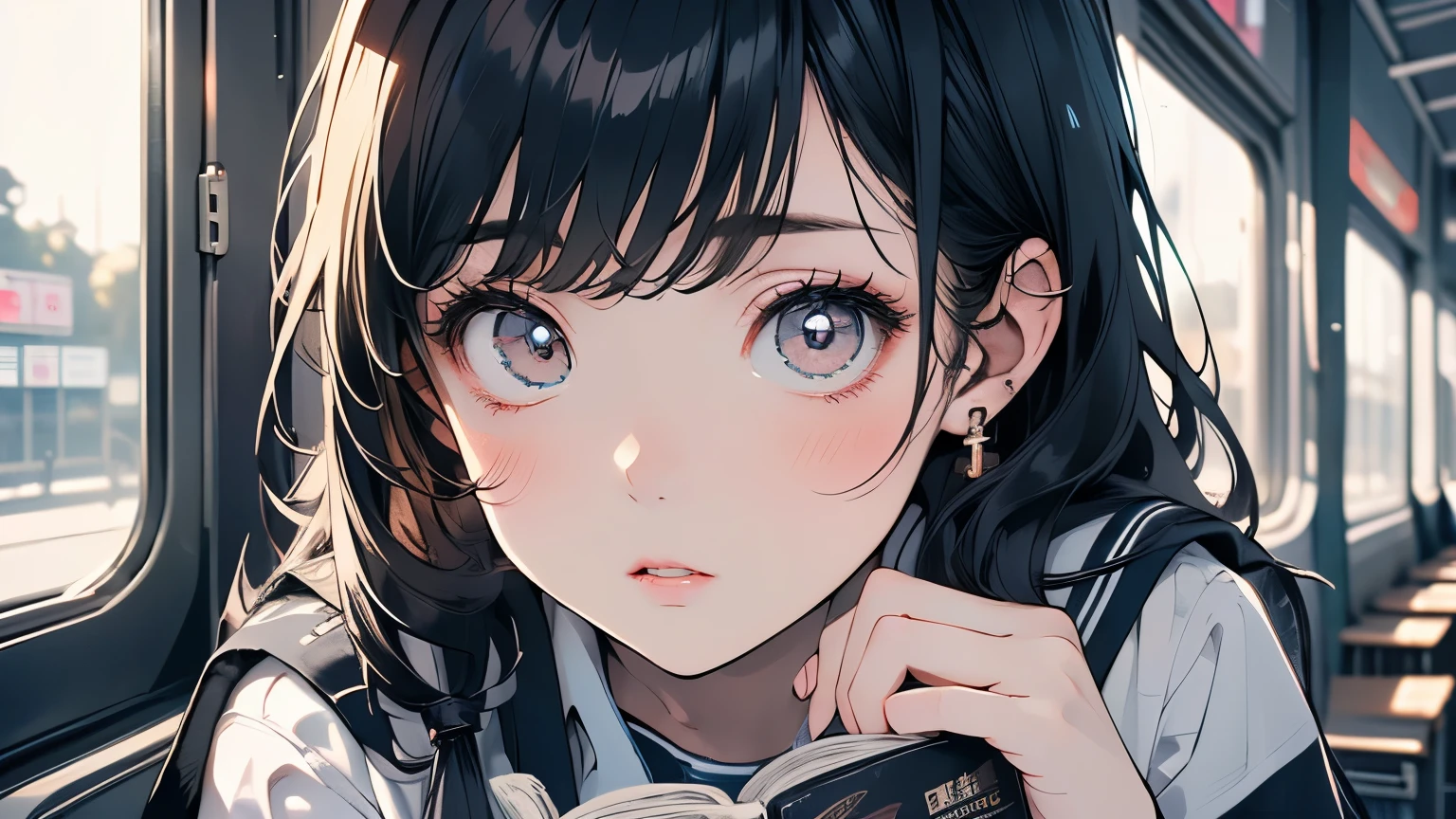 ((Beautiful girl:1.5),High resolution, highest quality),Wearing a sailor uniform,Super detailed, Big bright eyes, dark and brilliant curly hair, Sad look, Rosy Cheeks, Soft Light, Pure white background. riding a train,Reading a book,whole body,Attractive legs