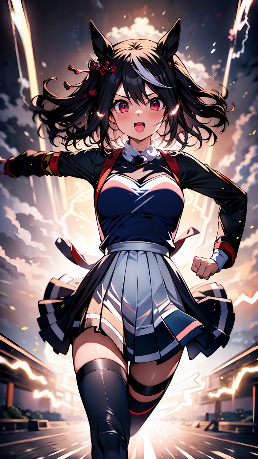 Best image quality、High resolution、masterpiece、super high quality、Arena、Run、颯爽とRun、Sweaty、Very short pleated skirt、Heavy breathing、Blushing、4K quality、Black Pantyhose、shout、Explosive、Burst speed、Sonic、light speed、Open your mouth wide、もの凄い勢いでRun、A big storm is brewing