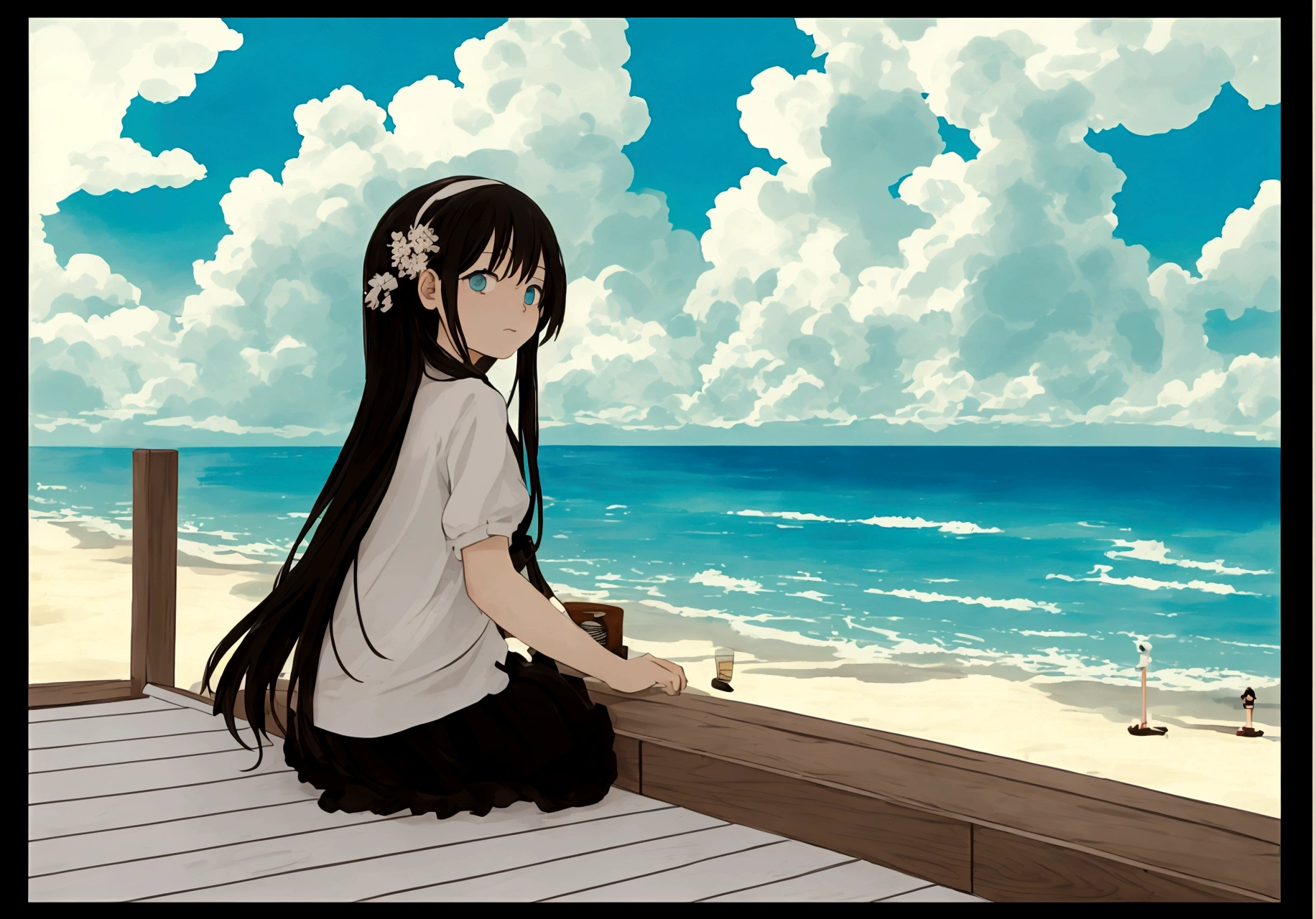 European girl with medium long hair、Overlooking the nearby sea、Enjoy a coffee on the terrace of a cafe.1 cup, Back view of a person leaning on his elbows and looking at the sea,dream, Please wear headphones, Analog Color Theme, Lo-fi Hip Hop , retrospective exhibition, flat, 2.5D ,Draw a line, Ink Painting, Osaka Road, Watercolor, Gouache Color, Studio Ghibli style, Very colorful, Outerton, Krautlock, Lofi Art,Old Texture, amplitude,Psychedelic atmosphere, masterpiece, Technology of Wonders,Darken the room,Beautiful early morning seaside