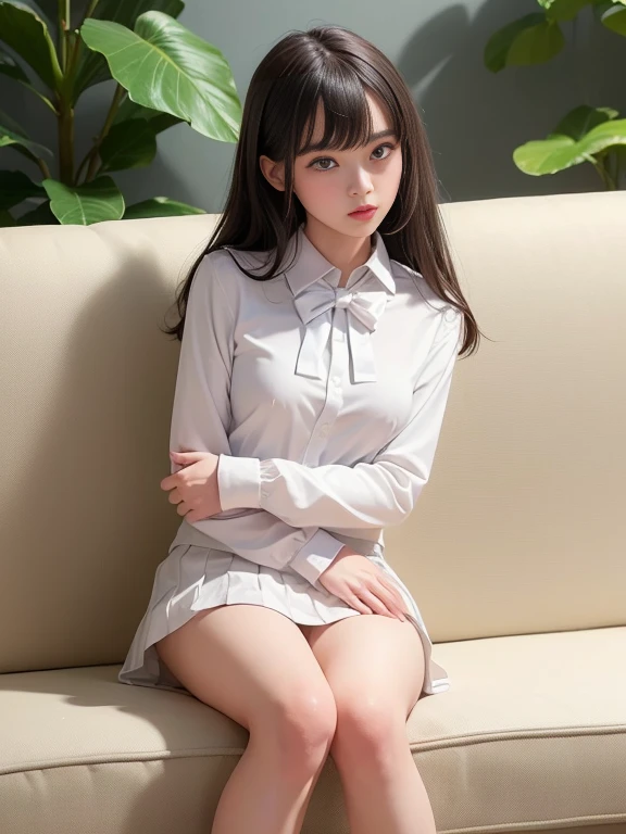 (masterpiece、highest quality:1.7)、13 years old、(Full body shot:1.5)、((Bobcut))、Black Hair、85mm、16K、Official Art、RAW Photos、Best Beautiful Faces、Close-up、Violet、Gardenia、The best beautiful girl、very cute、Red blush on cheeks、indoor、(Sit on the couch:1.8)、Film Grain、Chromatic Aberration、Sharp Focus、(((Nice hands、Perfect hands、Perfect Fingers、A perfect body without flaws)))、Detailed face、(Slender body:1.5)、(Slender body:1.2)、(Small breasts:1.9)、(Let your bangs hang down:1.8)、(Blushing:1.8)、(Low contrast lighting:1.2)、(White tight business blouse with collar:1.5)、(White bow tie blouse:1.3)、(Long sleeve: 1.3)、(White pleated mini skirt:1.5)、(White School Socks:1.5)、(Mouth wide open:1.5)、(Eyes closed:1.5),(Hold your arms over your chest:1.5)