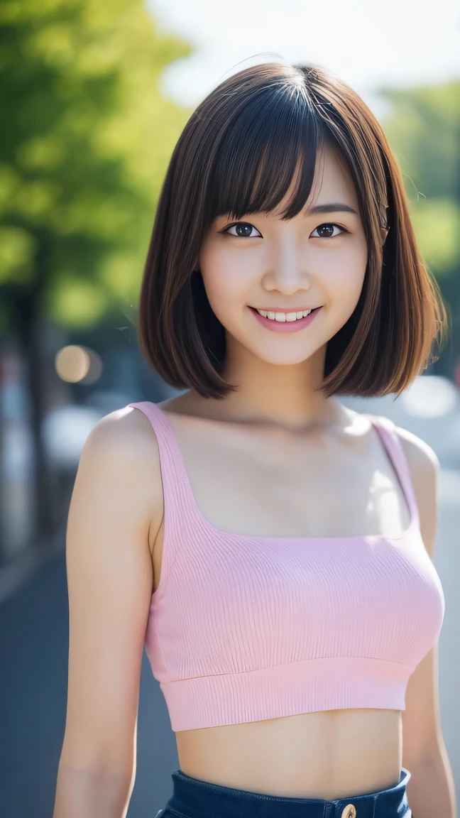 ((abdominals、black leather t-shirt)))、(realisitic、Photorealsitic、ultra-detailliert、Highest Details Skins、top-quality、​masterpiece、超A high resolution)、A Japanese Lady、17 age、hi-school girl、I have bangs、二重まぶた、Large black eyes、Realistic skin type、Upper body photography、blurry backround、Bright lighting from front、ssmile、short-cut