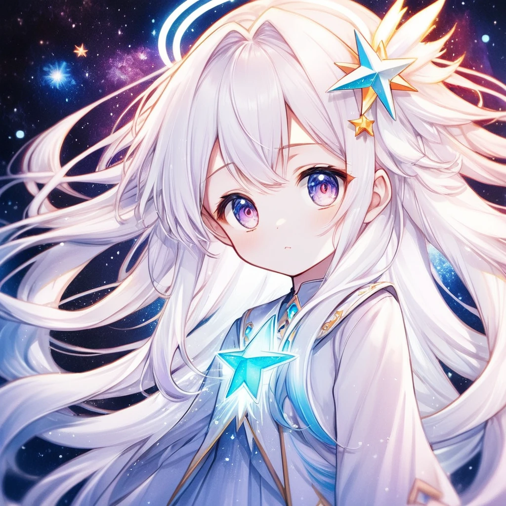 anime girl with long white hair and a Star in her hair, White-haired deity, Anime girl with cosmic long hair, Cute girl anime visual, Ink art anime loli, White halo, white hair girl, Ethereal Anime, akasuki voidStar, Celestial Spirit, Night Core, Anime cute art style