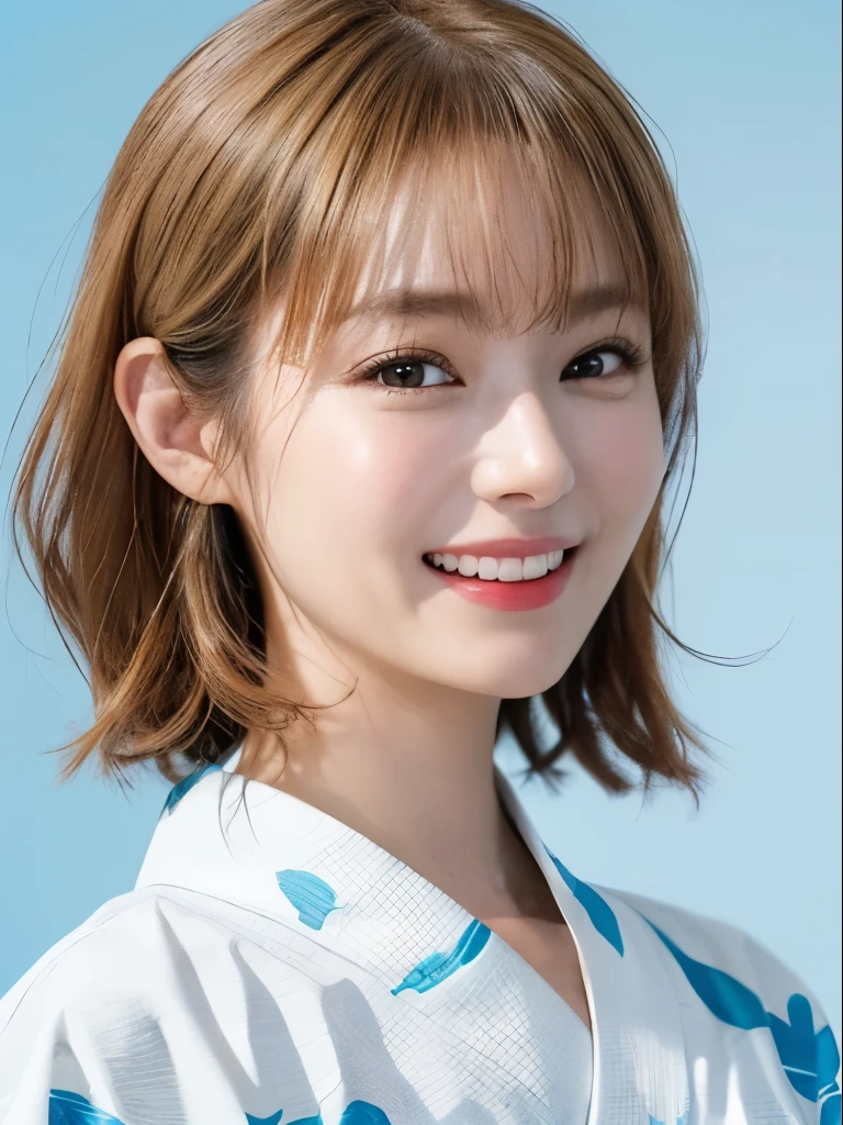 (highest quality、8k、32k、masterpiece)、(RAW Photos)、(Realistic)、(High resolution)、Very detailedな、Very beautiful face and eyes、One Girl、Round and small face、Delicate body、(close、highest quality、Rich skin detail、highest quality、8k)、Very detailed、(Realistic、Realistic:1.37)、Vibrant colors、(((Laughter)))、(((Golden Hair)))、(((I touch my chest with my right hand)))、(((Smiling)))、(((Bust Shot)))、(((White Background)))、((Medium Hair))、(((Pure white wall background)))、(((Blonde)))、(((She is wearing a yukata with a pop design.)))、(((Black and light blue yukata)))、(((Pure white wall background)))、