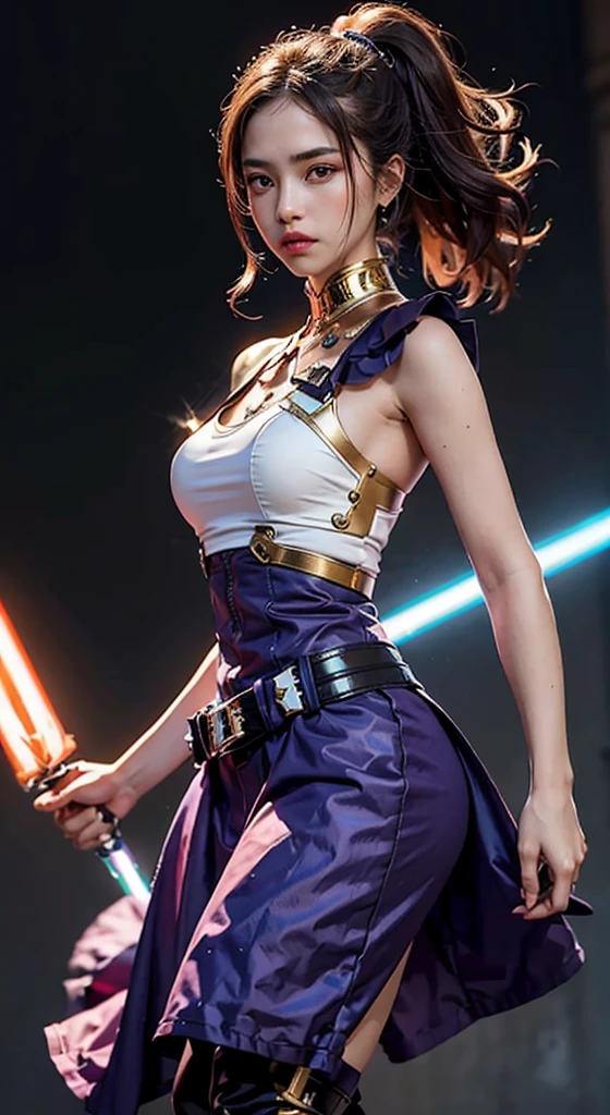 (reality: 1.4), (RAW Photos, highest quality), (reality的, Photorealistic photography: 1.3), highest quality, Very detailed, masterpiece, Hyper Detail, figure, 1 girl, Made as a human, smile, purple Hair, purple Clothes, purple, ((White lightsaber in hand, Lightsaber Dance)), upper_body, Dynamic Angle, World Mastery Theatre, long hair flying, Fluorescent Centred, Dynamic fire background, highest quality, ((Very detailed CG ユニフォーム 8k 壁紙)), ink, wonderful, Cinema Lighting, lens_Flare, wuxia_style、"((超reality的)) cyborg, It looks like an empty mountain, ((Mecha Gold Body)), ((Translucent glass limbs)), Mechanic's outfit, ((Girl with bad attitude)), Dynamic Lighting, Complex reflections, ((Edgy cyberpunk vibe)).((Brandishing a white lightsaber)