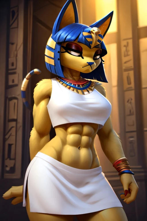 a digital sideview artwork of ankha with abs wearing a crop top of her white sleeveless dress with white long skirt, a bare midriff and a bare navel, trending on artstation, 4k,
